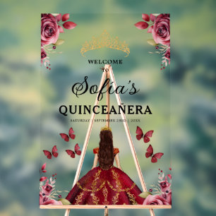 Burgundy Princess Quinceañera Birthday Welcome Acrylic Sign