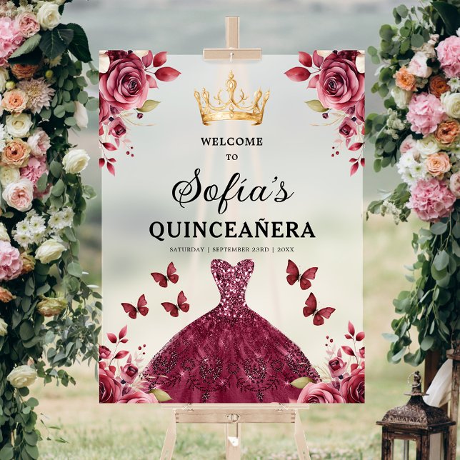 Burgundy Princess Quinceañera Birthday Welcome  Acrylic Sign (Creator Uploaded)