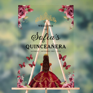 Burgundy Princess Quinceañera Birthday Welcome Acrylic Sign