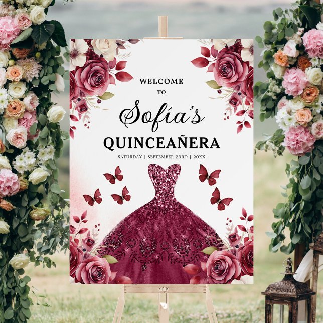 Burgundy Princess Quinceañera Birthday Welcome  Foam Board (Creator Uploaded)