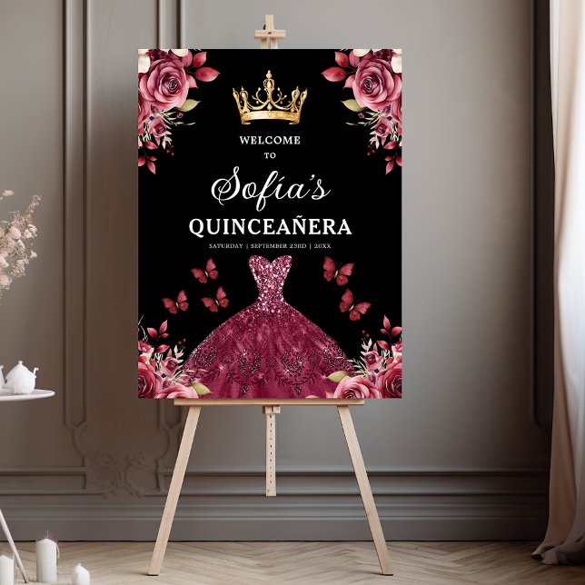 Burgundy Princess Quinceañera Birthday Welcome  Foam Board (Creator Uploaded)