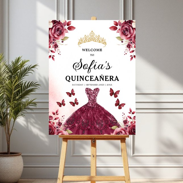 Burgundy Princess Quinceañera Birthday Welcome  Foam Board (Creator Uploaded)