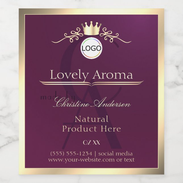 Burgundy Product Label Gold Border Logo Monogram (Single Label)