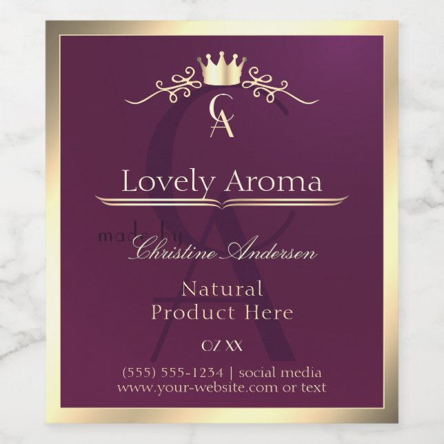 Burgundy Product Label with Gold Border Monogram (Single Label)