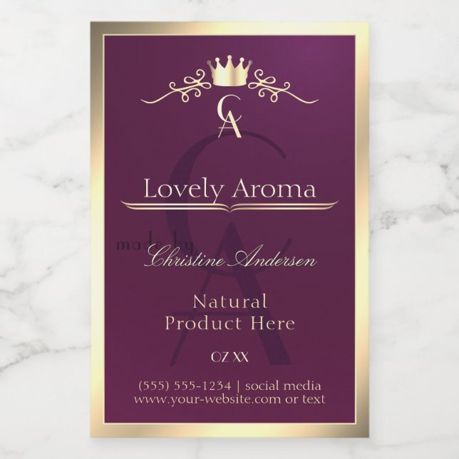 Burgundy Product Label with Gold Border Monogram (Single Label)