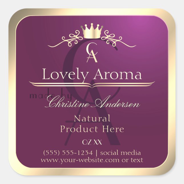 Burgundy Product Label with Gold Border Monogram (Front)