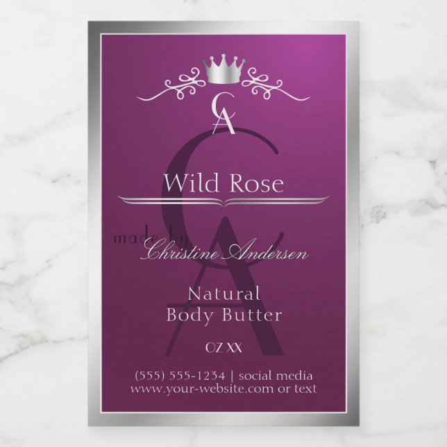 Burgundy Product Label with Silver Frame Monogram (Single Label)