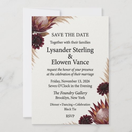 Burgundy Protea & Pampas Grass Save the Date Card