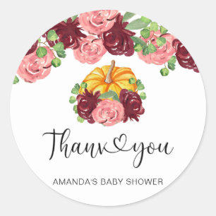 Burgundy pumpkin baby shower, thank you classic round sticker
