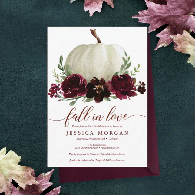 Burgundy Pumpkin Fall in Love Bridal Shower Invite | Zazzle