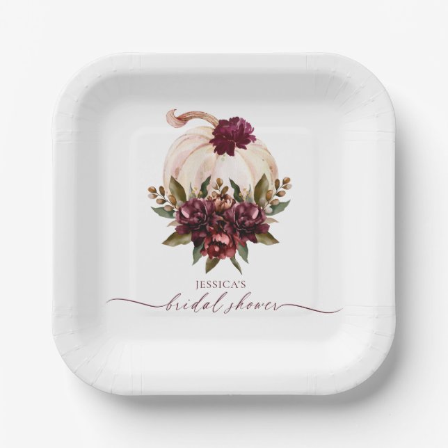 Burgundy Pumpkin Fall in Love Bridal Shower Invite Paper Plates (Front)