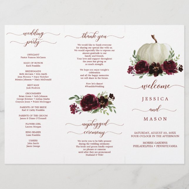 Burgundy Pumpkin Fall Tri-Fold Wedding Program Flyer (Front)