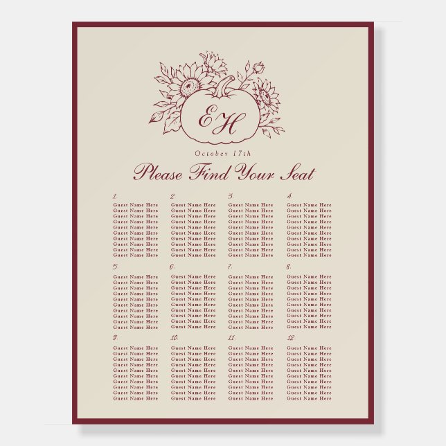 Burgundy Pumpkin Monogram Seating Chart Foam Board (Front)
