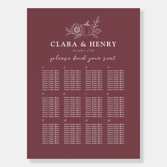 Burgundy Pumpkin Sunflower Wedding Seating Chart Foam Board (Front)