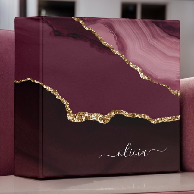 Burgundy Purple Agate Geode Gold Monogram 3 Ring Binder (Creator Uploaded)