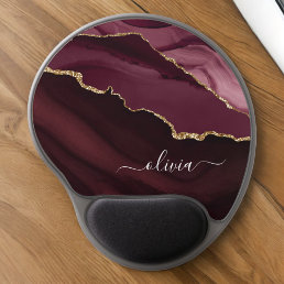 Burgundy Purple Agate Geode Gold Monogram Gel Mouse Pad