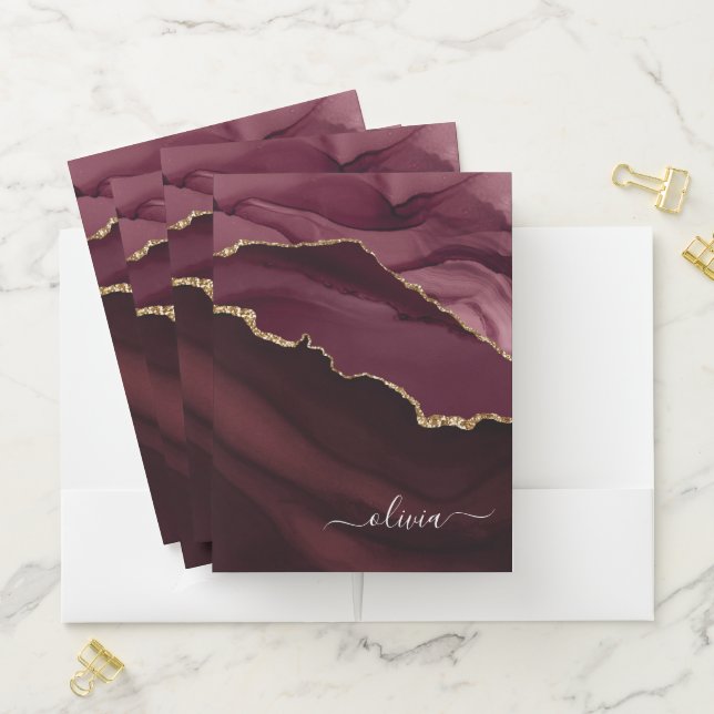 Burgundy Purple Agate Geode Gold Monogram Pocket Folder (In Situ)
