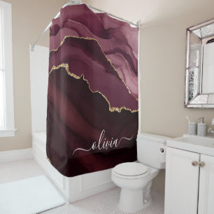 Burgundy Purple Agate Geode Gold Monogram Shower Curtain
