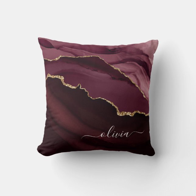 Burgundy Purple Agate Geode Gold Monogram Throw Pillow (Front)