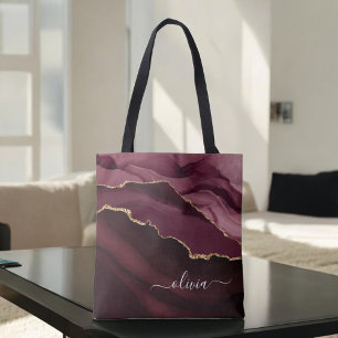 Burgundy Purple Agate Geode Gold Monogram Tote Bag