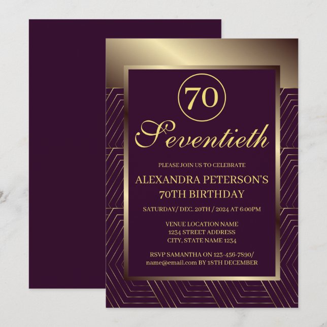 Burgundy Purple And Gold Patterned Border Birthday Invitation (Front/Back)