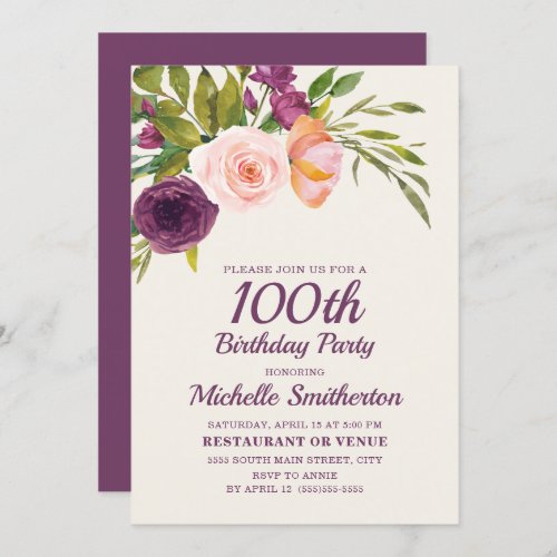 Burgundy Purple Blush Pink Floral 100th Birthday Card