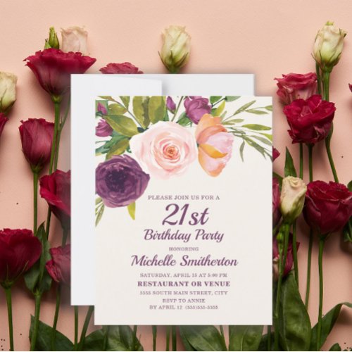 Burgundy Purple Blush Pink Floral 21st Birthday Card