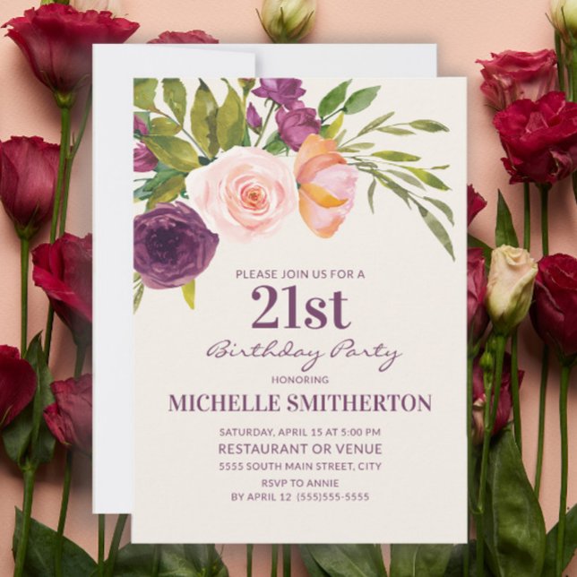 Burgundy Purple Blush Pink Floral 21st Birthday Invitation (Purple and blush pink watercolor floral on cream-colored 21st birthday party invitation)