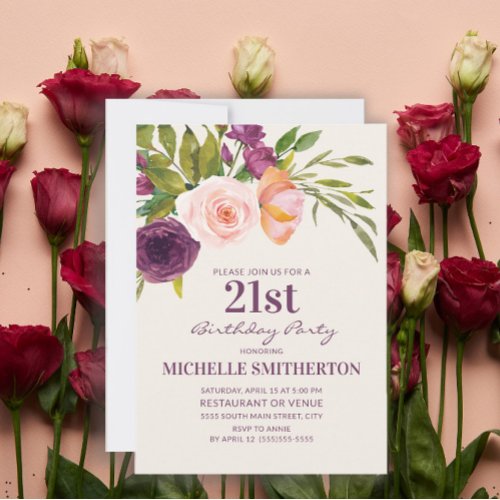 Burgundy Purple Blush Pink Floral 21st Birthday Invitation