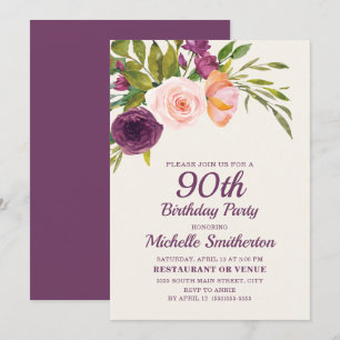 Burgundy Purple Blush Pink Floral 90th Birthday Card