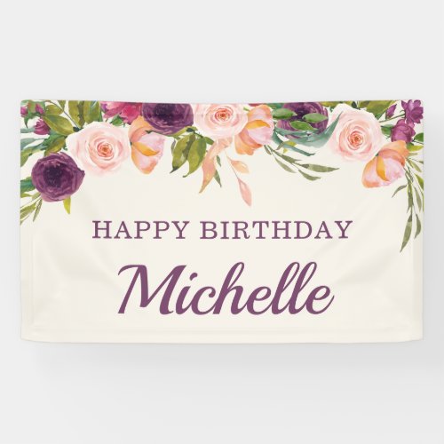 Burgundy Purple Blush Pink Floral Happy Birthday Banner