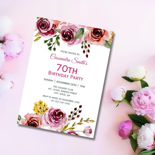 Burgundy Purple Brown Rose Rustic Floral Birthday  Invitation