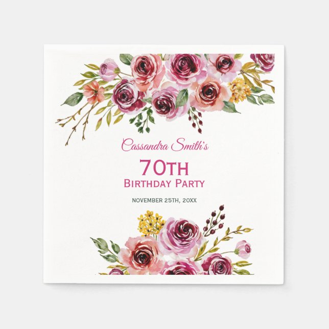 Burgundy Purple Brown Rose Rustic Floral Birthday  Napkins (Front)