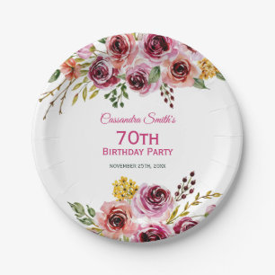 Burgundy Purple Brown Rose Rustic Floral Birthday  Paper Plates