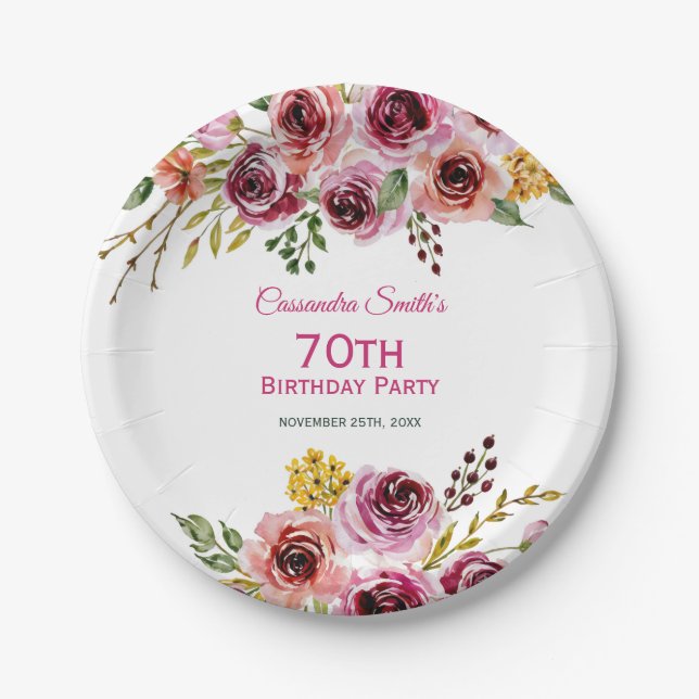Burgundy Purple Brown Rose Rustic Floral Birthday  Paper Plates (Front)