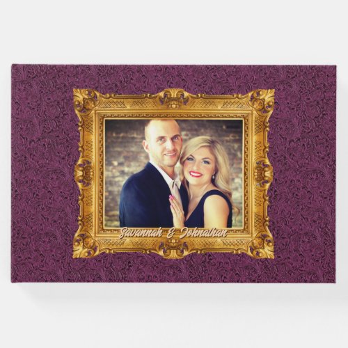 Burgundy purple couples photo frame leather chic guest book