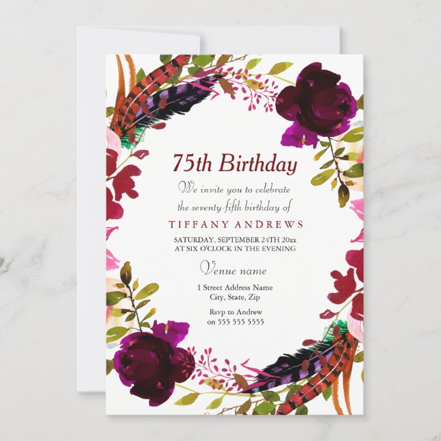 Burgundy Purple Floral 75th Birthday Party Invite (Front)