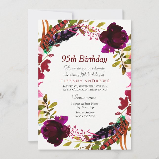 Burgundy Purple Floral 95th Birthday Party Invite (Front)