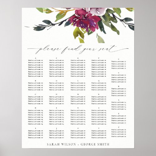 Burgundy Purple Floral Alphabetical Seating Chart