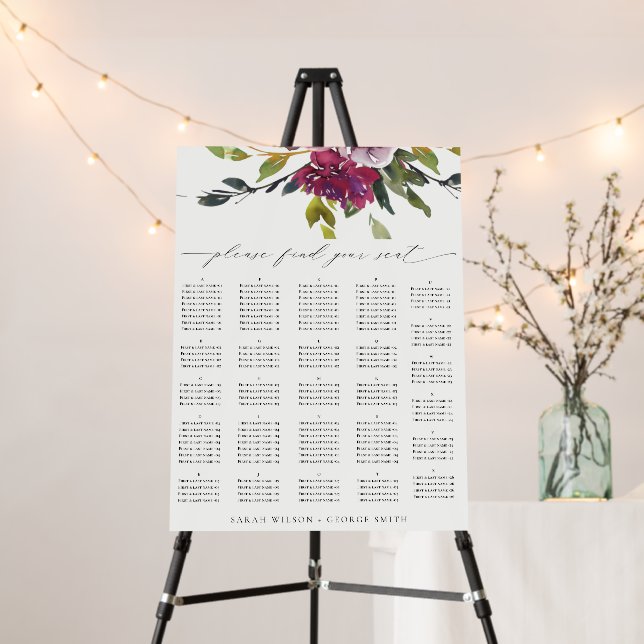 Burgundy Purple Floral Alphabetical Seating Chart Foam Board (In Situ (Stand))