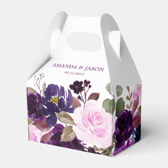 Burgundy Purple Floral Rustic Boho Wedding Favor Boxes (Front Side)