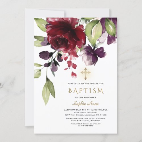 Burgundy Purple Flowers Gold Cross Girl Baptism Invitation