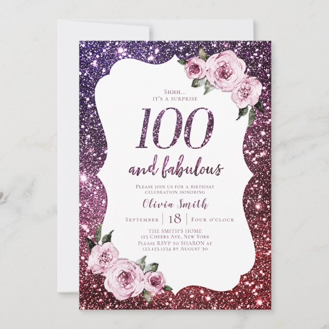 Burgundy purple glitter and floral 100th birthday invitation (Front)