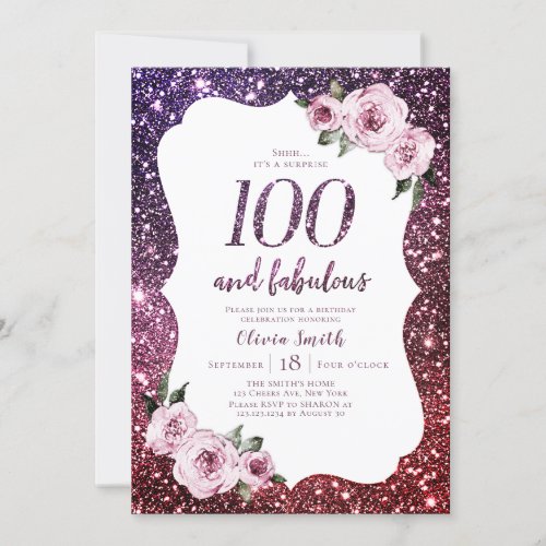 Burgundy purple glitter and floral 100th birthday invitation