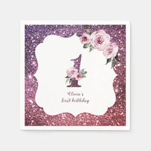 Burgundy purple  glitter and floral 1st birthday napkins