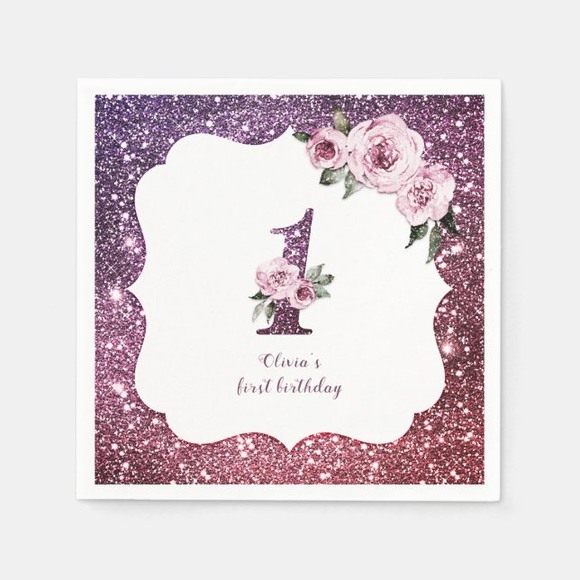 Burgundy purple  glitter and floral 1st birthday napkins (Front)
