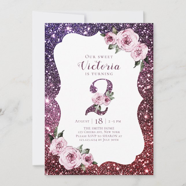 Burgundy purple glitter and floral 2nd birthday invitation (Front)
