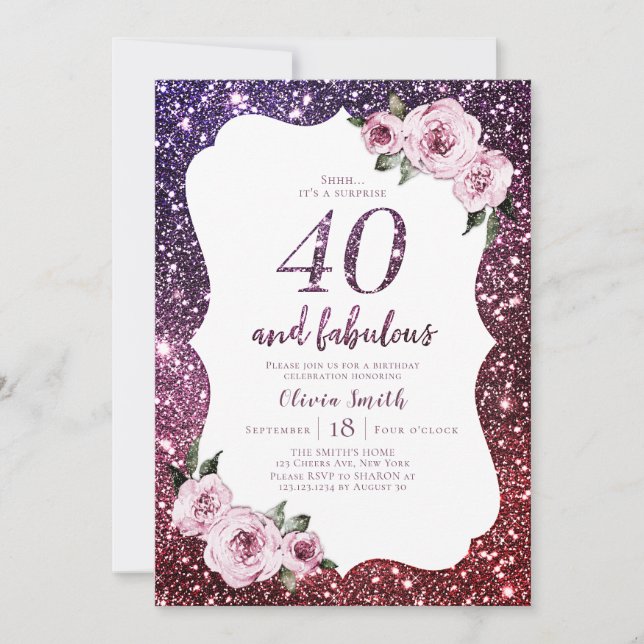 Burgundy purple glitter and floral 40th birthday invitation (Front)