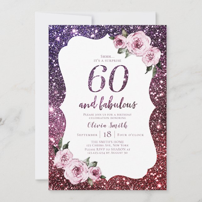 Burgundy purple glitter and floral 60th birthday invitation (Front)