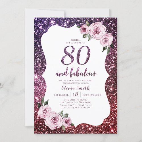 Burgundy purple glitter and floral 80th birthday invitation